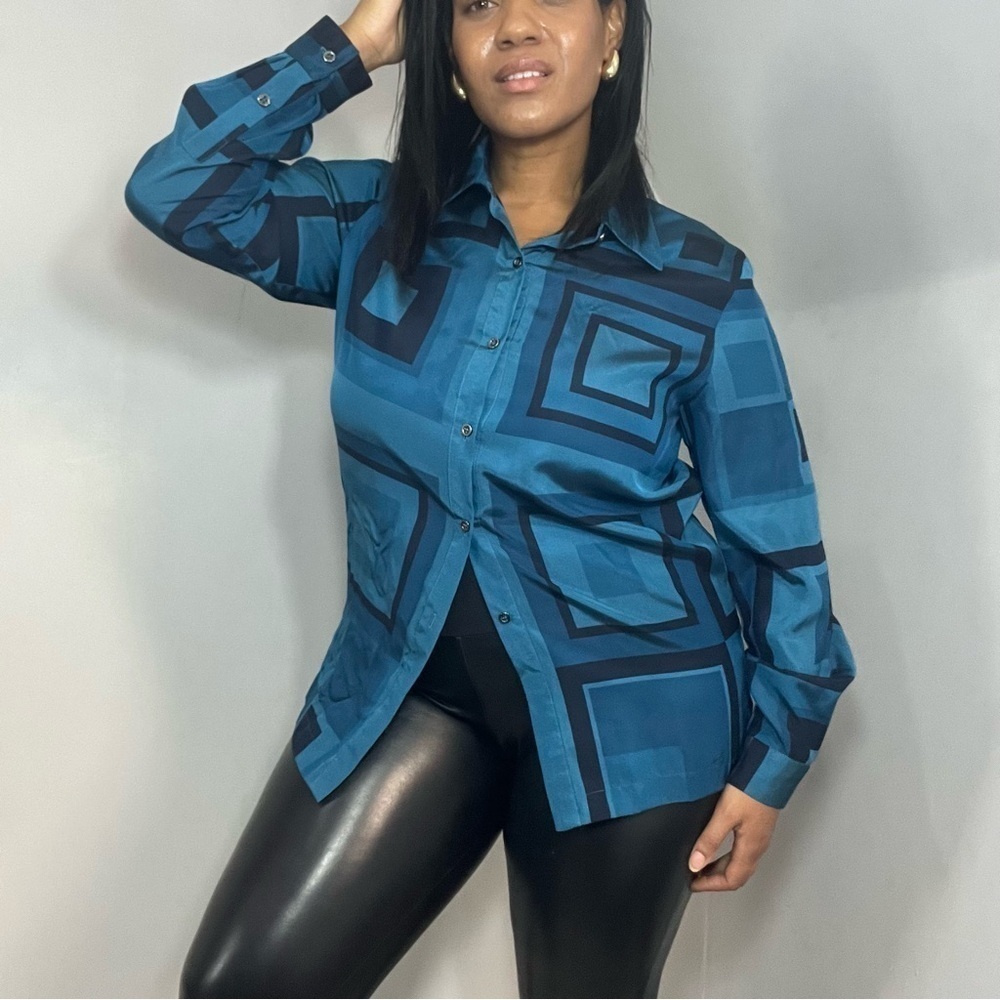 Vintage Doncaster Groovy Silk Blouse 70s Retro Career Business Blue Button Top - Picture 7 of 12